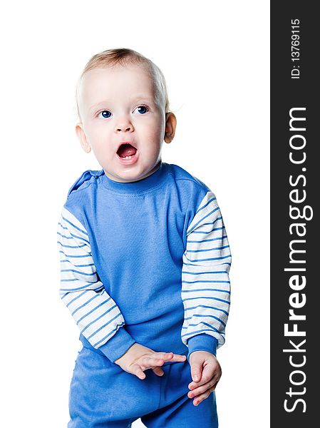 Cute little boy close-up on white background