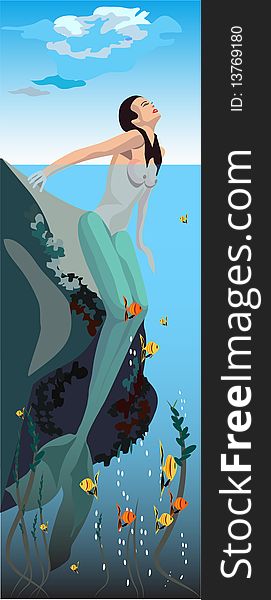 The  illustration of mermaid in ocean. The  illustration of mermaid in ocean