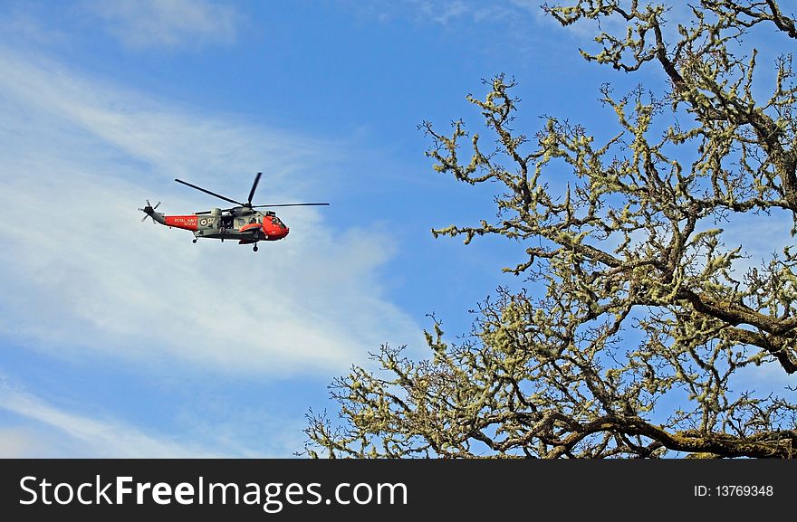 Royal navy rescue chopper skimming the tree tops whilst on a search & rescue mission. Royal navy rescue chopper skimming the tree tops whilst on a search & rescue mission