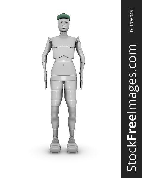 3d illustration of an android with a green hat. 3d illustration of an android with a green hat