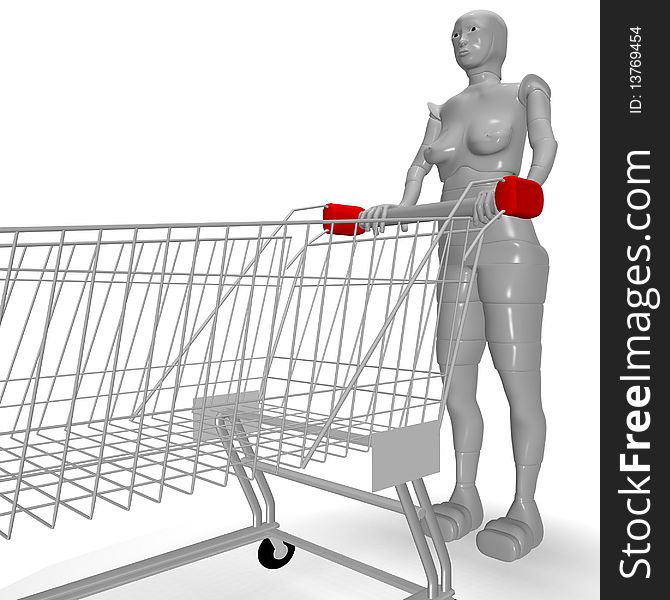 Naked female android with shopping cart