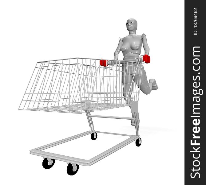 Naked female android with shopping cart