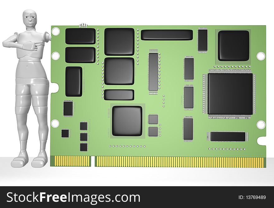 3d illustration of a female android with a computer card. 3d illustration of a female android with a computer card