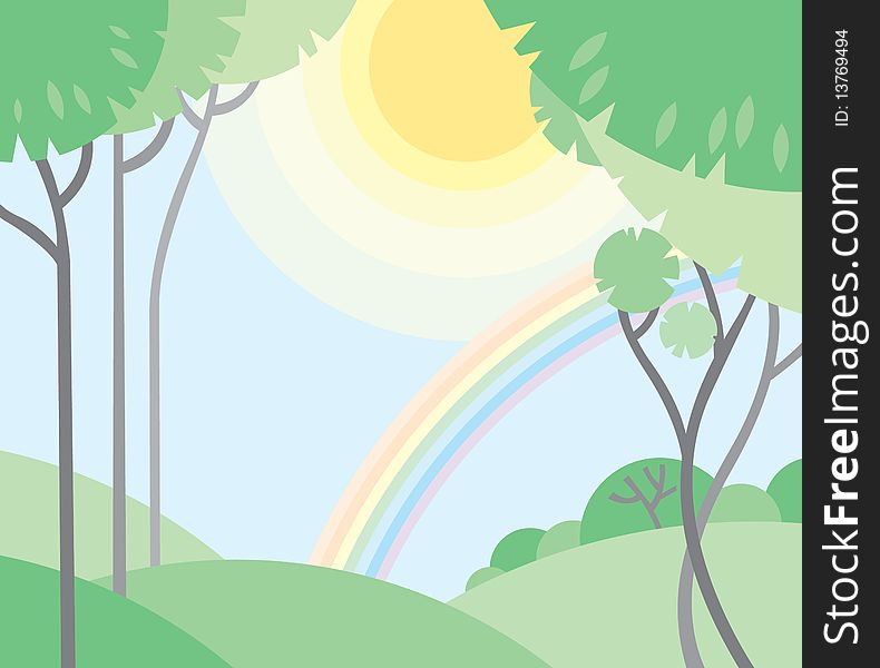 Trees, sun and rainbow, summer landscape. Trees, sun and rainbow, summer landscape