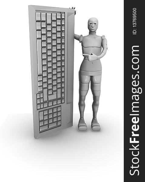 3d illustration of a female android with a computer keyboard. 3d illustration of a female android with a computer keyboard