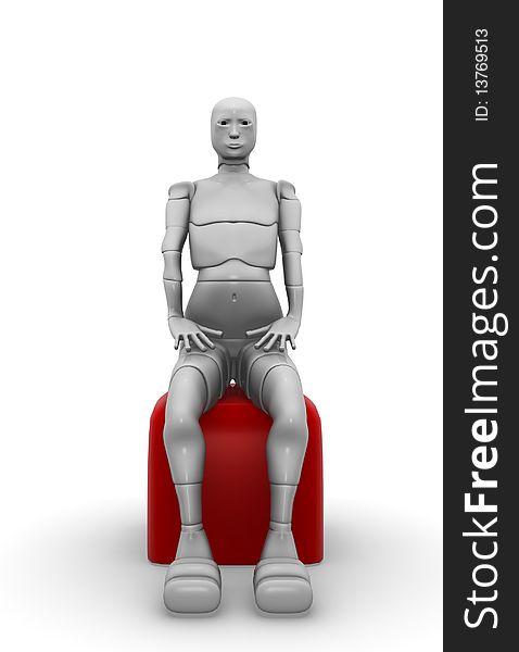 3d illustration of an android female sitting on a red cube. 3d illustration of an android female sitting on a red cube