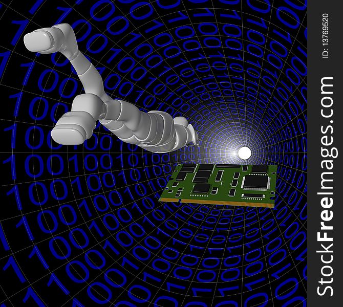 3d illustration of an android female board computer in a binary system. 3d illustration of an android female board computer in a binary system