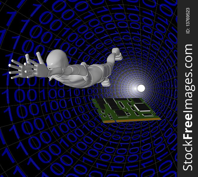 3d illustration of an android female board computer in a binary system. 3d illustration of an android female board computer in a binary system