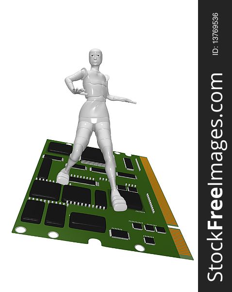 3d illustration of a female android who surfing on board computer. 3d illustration of a female android who surfing on board computer
