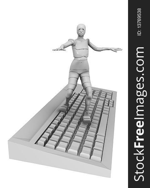 3d illustration of a female android on a computer keyboard. 3d illustration of a female android on a computer keyboard