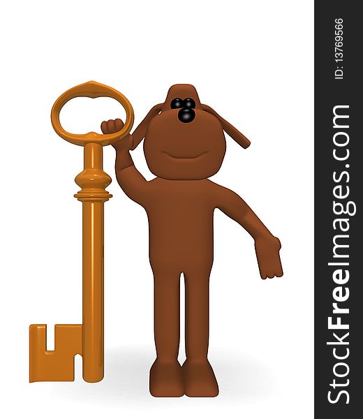 3d illustration of a dog with an old key. 3d illustration of a dog with an old key