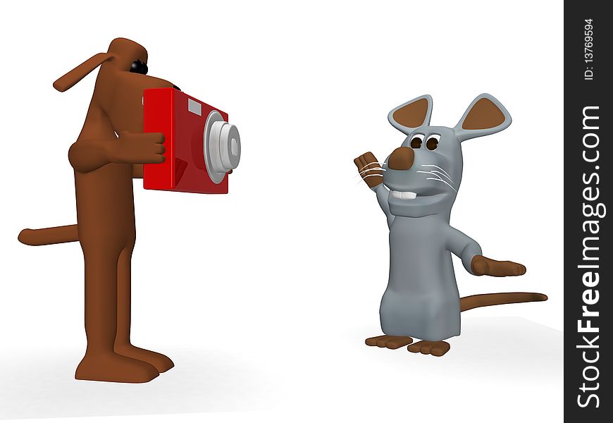 3d illustration of a dog taking a picture with a mouse. 3d illustration of a dog taking a picture with a mouse