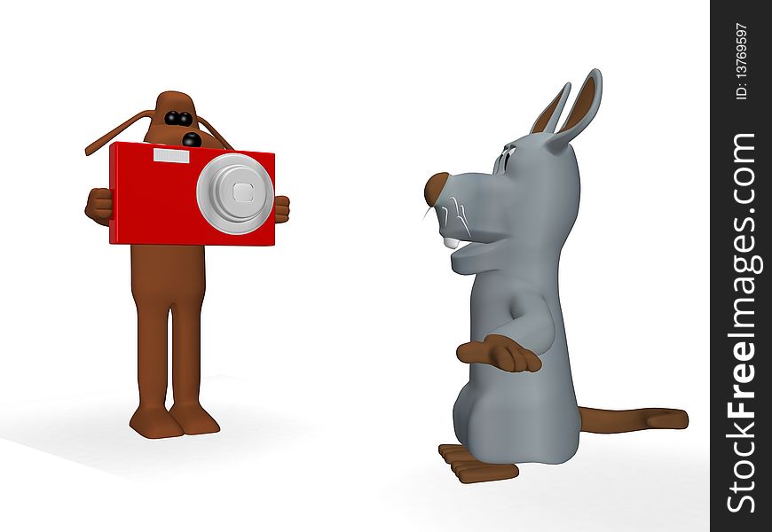 3d illustration of a dog taking a picture with a mouse. 3d illustration of a dog taking a picture with a mouse