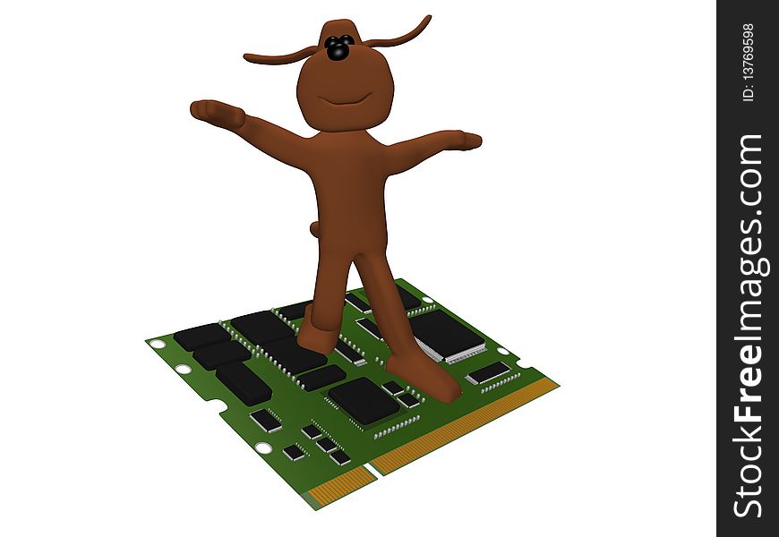 3d illustration of a dog surfing on a computer card. 3d illustration of a dog surfing on a computer card