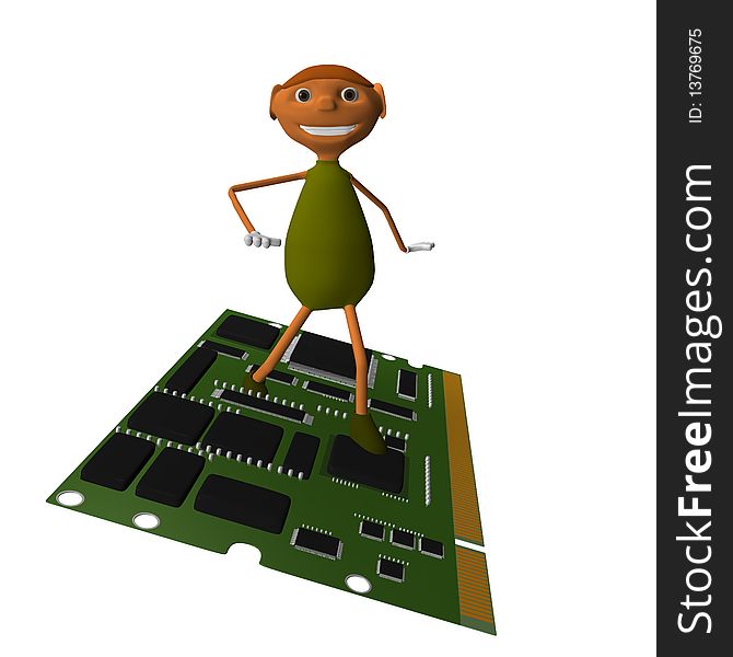 3d illustration of a goblin that makes surfing on a computer card. 3d illustration of a goblin that makes surfing on a computer card