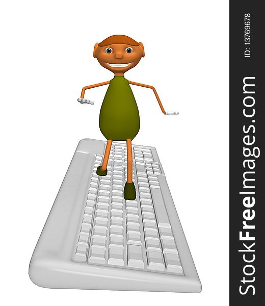 3d illustration of a goblin that makes surfing on a computer keyboard. 3d illustration of a goblin that makes surfing on a computer keyboard