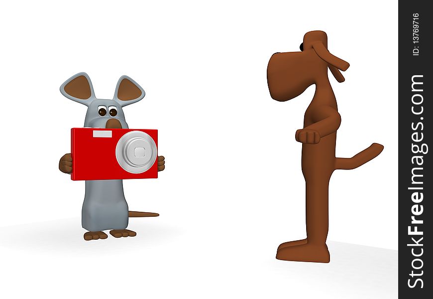 3d illustration of a cute mouse that snaps a picture of a cute dog. 3d illustration of a cute mouse that snaps a picture of a cute dog