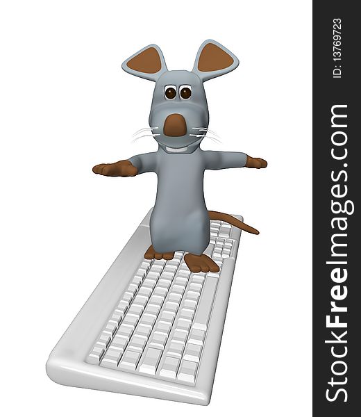 3d illustration of a cute little mouse that makes surfing on a computer keyboard. 3d illustration of a cute little mouse that makes surfing on a computer keyboard