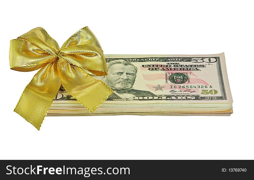Stack of dollars with bow isolated on white