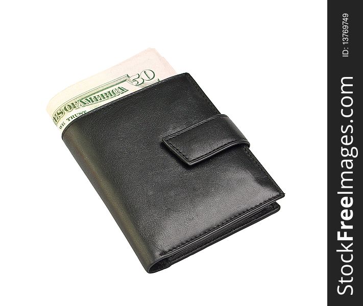 Black Wallet with dollars isolated on white