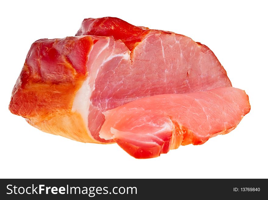 Smoked bacon closeup isolated over white background. Smoked bacon closeup isolated over white background.