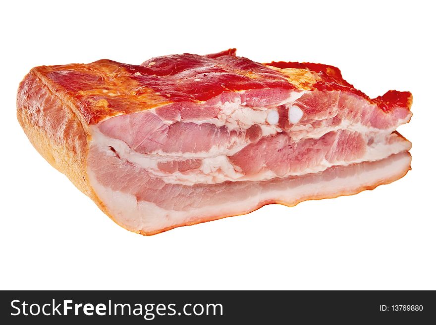 Smoked bacon chunk isolated over white background. Smoked bacon chunk isolated over white background.