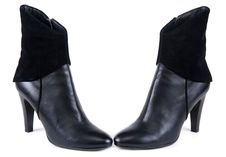 Black Feminine Leather Boots With Suede Insertion Stock Image