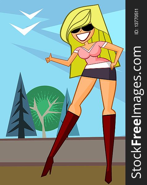 Illustration: sexy hitching girl on out-of-town road.