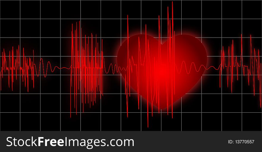 The cardiogramme of red colour on black background with heart