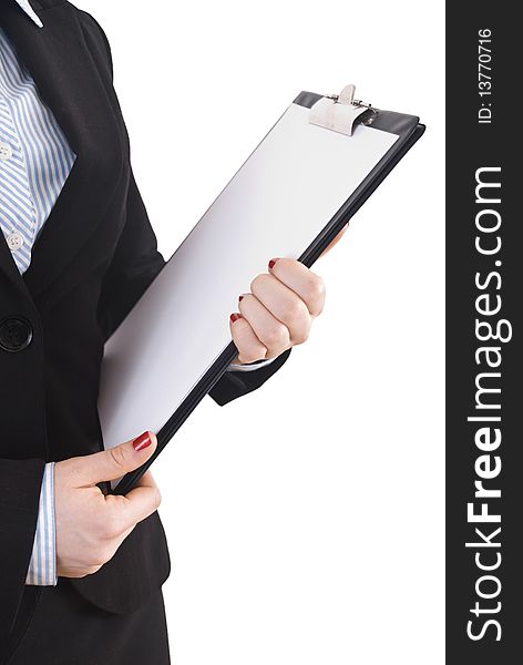 Young businesswoman holding black clipboard