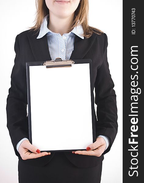 Young businesswoman holding black clipboard