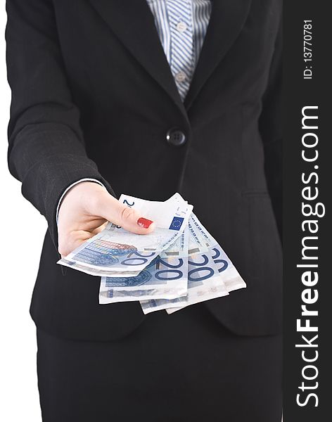 Young businesswoman holding euro notes