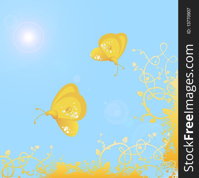 Two yellow butterflies on spring background with bright foliage in vector format. Two yellow butterflies on spring background with bright foliage in vector format