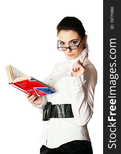 Portrait of a young woman with book and glases. White background. Studio shot. Portrait of a young woman with book and glases. White background. Studio shot.