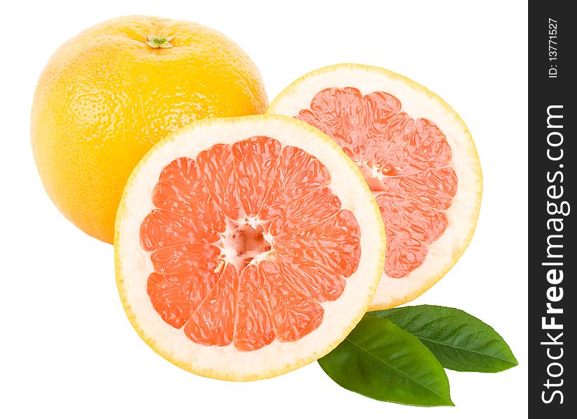 Close-up  cut red grapefruit with leaves, isolated on white