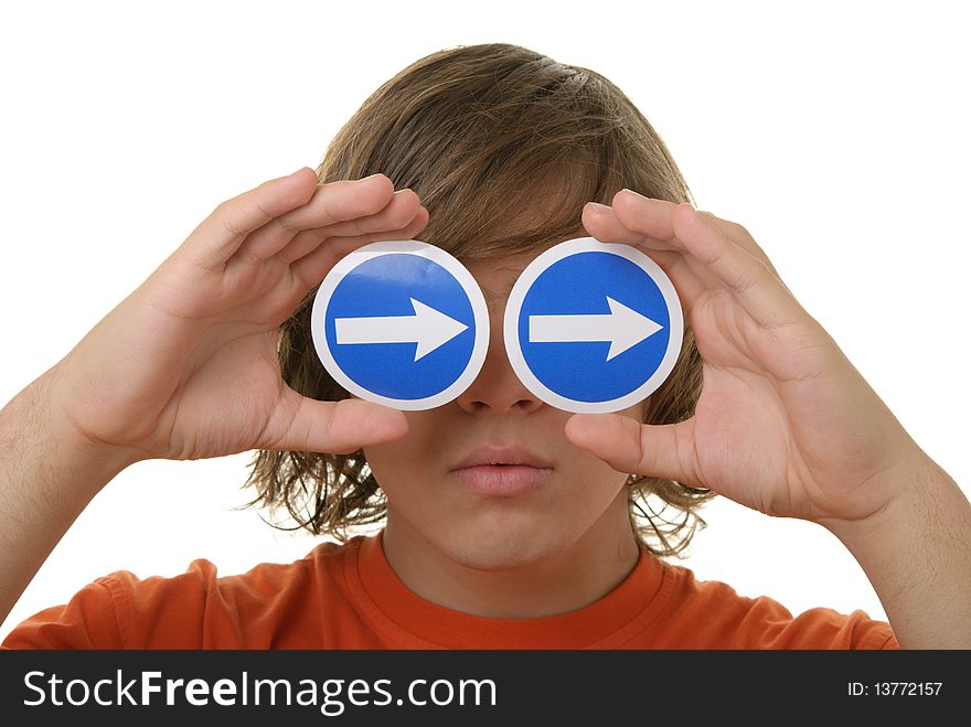 Teenager holds before eyes signs with arrows isolated in white