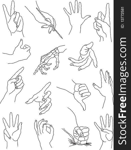 This is a  illustration of a collection of hand gestures. This illustration can easily be colorized. This is a  illustration of a collection of hand gestures. This illustration can easily be colorized.