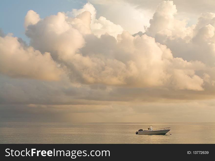 Boat in ocean. Seychelles seascape. Praslin island