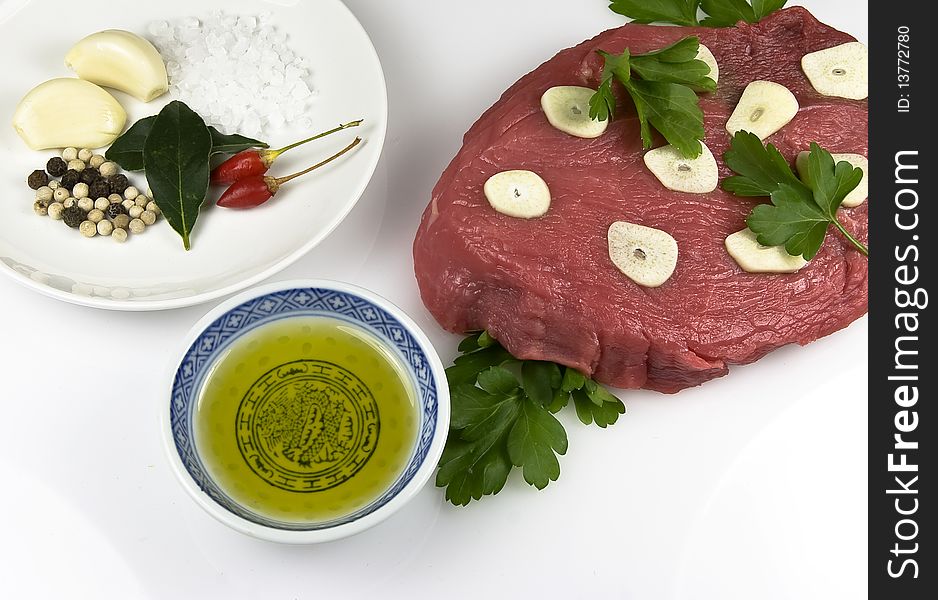 Ingredients to grill a beef steak, Portuguese style