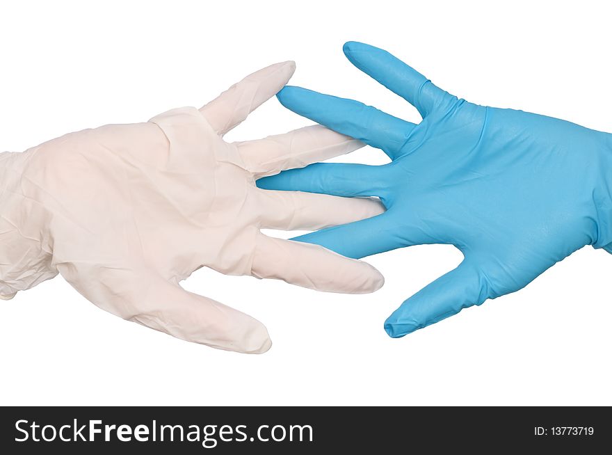 Doctor put blue and white sterilized medical glove for making operation