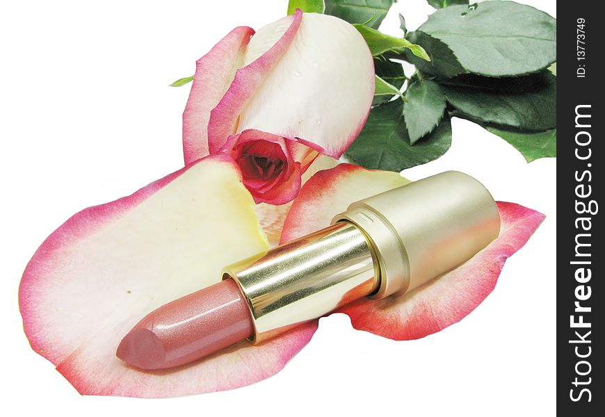 Red lipstick in gold box with rose on background. Red lipstick in gold box with rose on background