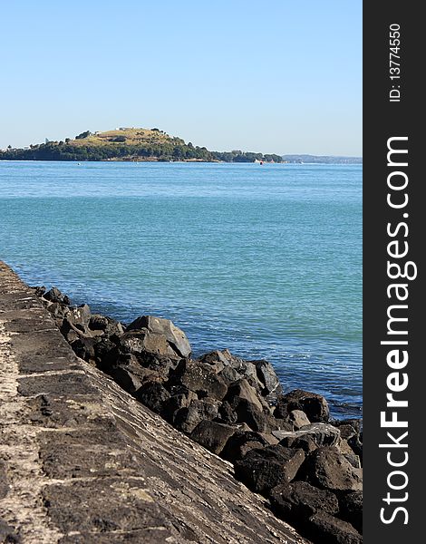 Sea wall and view along Auckland Harbour. Sea wall and view along Auckland Harbour