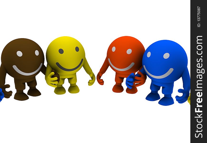 Group of smileys, holding hands. Isolated on white