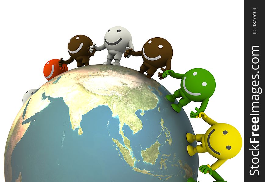 Group of smileys located around the globe. Concept render. Group of smileys located around the globe. Concept render