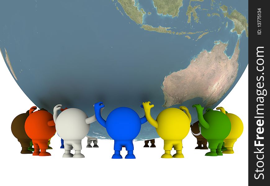 Group of smileys supported the Globe. Concept render. Group of smileys supported the Globe. Concept render