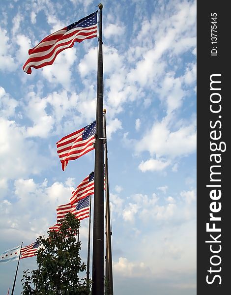 American flags unfurled at the Navy Pier in Chicago