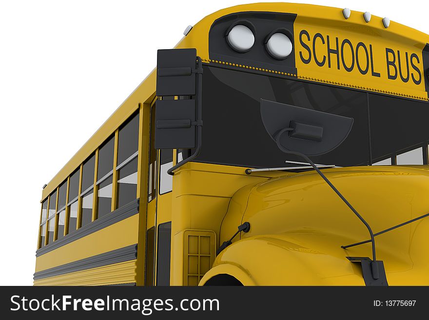 Single yellow school bus isolated on white background. Crop view