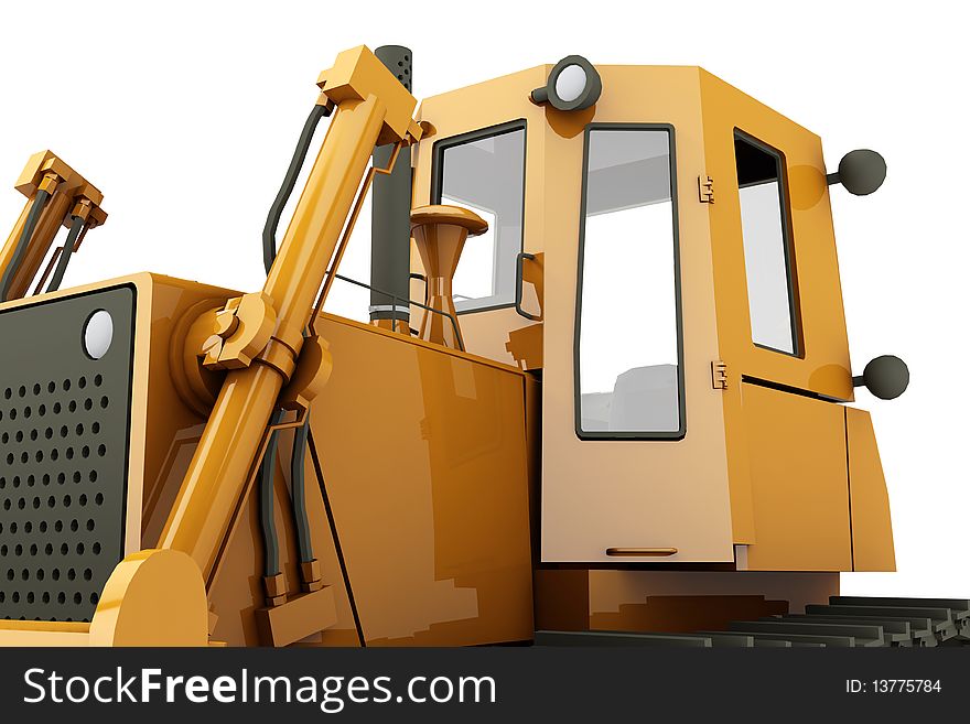 Orange dirty bulldozer isolated on whiite background. Closeup view