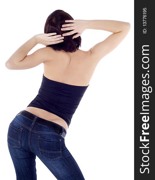 Picture of sexy backside brunette over white background. Picture of sexy backside brunette over white background