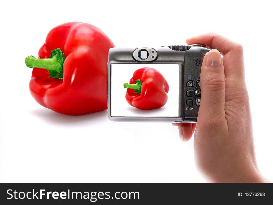 The person removes red sweet pepper and reproduces on the camera display. The person removes red sweet pepper and reproduces on the camera display.